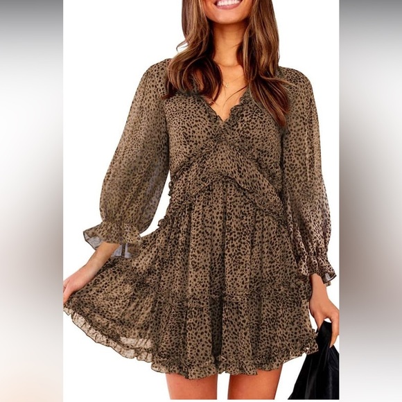 None Dresses & Skirts - Brown Black Cheetah Print Long Sleeve V Neck Dress